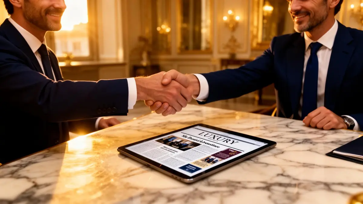 Stretta di mano tra dirigenti — partnership pubblicitaria su Overluxe